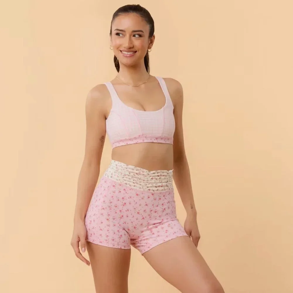 NWT Blogilates Ruched Waist Bike Shorts Pink Floral - Picture 5 of 8